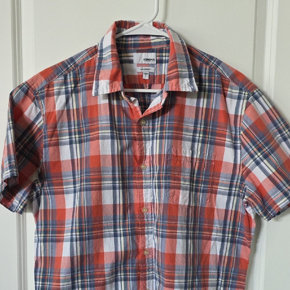 Sonoma Men's Orange and Blue Plaid Shirt